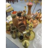 A selection of copper and brassware to include a Victorian kettle, a brass tray and other items