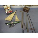 A child's pond sailing yacht name Heather Dew with sail A/F, a vintage picnic set and other items