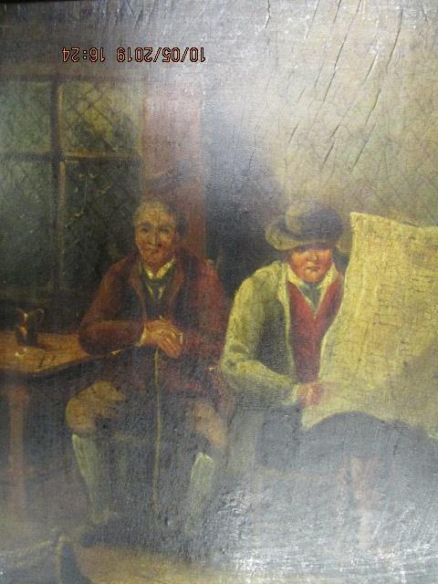 A 19th century oil on board tavern scene of two gentlemen seated, one reading a daily newspaper, - Image 2 of 5