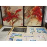 A pair of contemporary oils on canvas of a ballet dancer, together with mixed prints to include a
