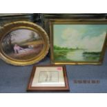 Lee Eldridge - a heron in a river landscape, oil on board, signed 13 6/8" x 18", gilt framed,