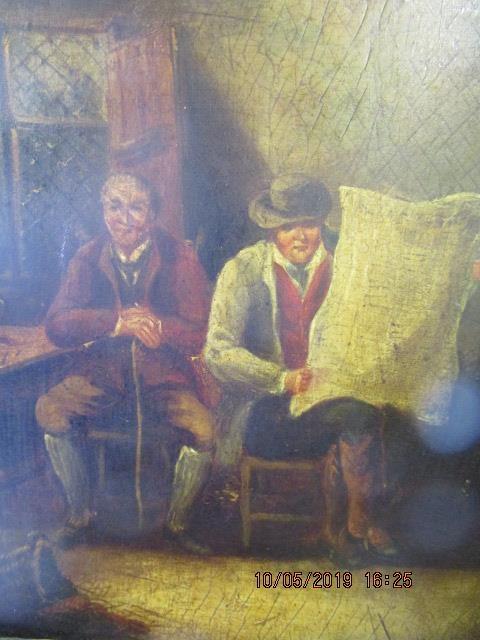 A 19th century oil on board tavern scene of two gentlemen seated, one reading a daily newspaper, - Image 4 of 5