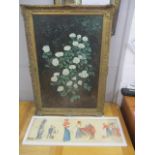 Pictures to include a still life of flowers, oil on board and an early 20th century street scene