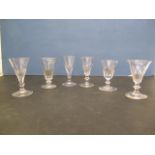 Six similar 19th century dwarf ale glasses, each with facet cut bowl, on a knopped stem and