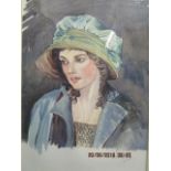 Greatehand ? - a portrait of a young girl wearing a green bonnet, watercolour, signed indistinctly