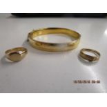 Two 9ct gold rings, total weight 5g and a 9ct rolled gold and engraved bracelet