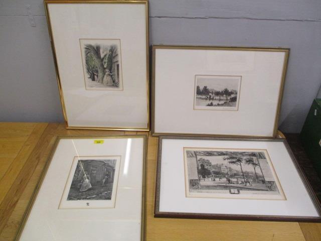 Four prints and etchings to include a view of Kensington Gardens, Boulevard de Temple, a street