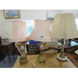 A pair of French porcelain and gilt metal table lamps circa 1900, and a gilt metal and marble