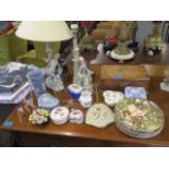 Two Lladro figural table lamps, Wedgwood trinket boxes, collectors plates, glass lampware models