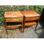 A pair of reproduction French bedside tables, having inlaid decoration and single drawers, 25 1/2"