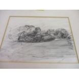 British School - a graphite drawing of houses hidden by trees and bushes, 7 1/2" x 10 1/2",