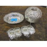 A mixed lot to include a Continental white metal bowl and cover, decanter labels and a pierced dish