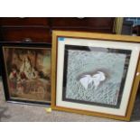 Two pictures, to include an oriental oil painting depicting a pair of cranes, signed to the lower