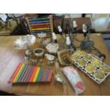 A mixed selection of metalware and other items to include a chandelier