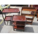 Mixed furniture to include an elm bookcase trolley and a three tier stand