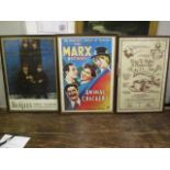 Three posters, The Beatles with facsimile signatures, The Marx Brothers in Animal Crackers and