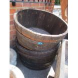 Two large treen and metal bound circular garden planters 15 1/4"h x 29"w