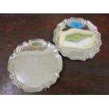 Two small silver card trays raised on three scroll shaped feet 337.5g