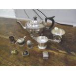 Silver and silver plate to include a silver tea strainer and bowl, silver plated teaware and pill