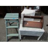 A mixed lot to include a Lloyd Loom basket and stool, a book stand and a painted folding ladder