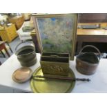 A selection of metalware to include two coal buckets and a tapestry fire screen