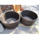 Two large treen and metal bound circular garden planters 15 1/4"h x 29"w