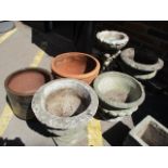 Mixed garden planters to include four stoneware planters and two terracotta planters