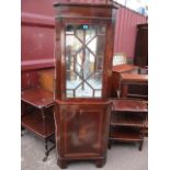 An Edwardian mahogany corner cabinet having a single glazed door with cupboard below, 73"h x 24"w