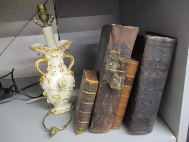 Books to include Garden Work, a series of plays and two bibles and a Victorian flower encrusted vase