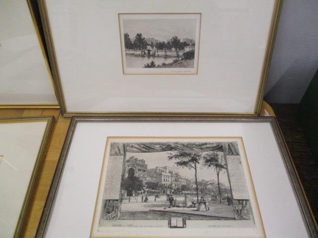 Four prints and etchings to include a view of Kensington Gardens, Boulevard de Temple, a street - Image 2 of 2