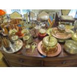 Mixed metalware to include a firescreen, a brass kettle, a silver plated tray and other items