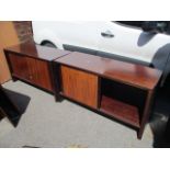 A pair of mid 20th century Danish exotic wood, low side cabinets with sliding doors, 27" h x 50"w