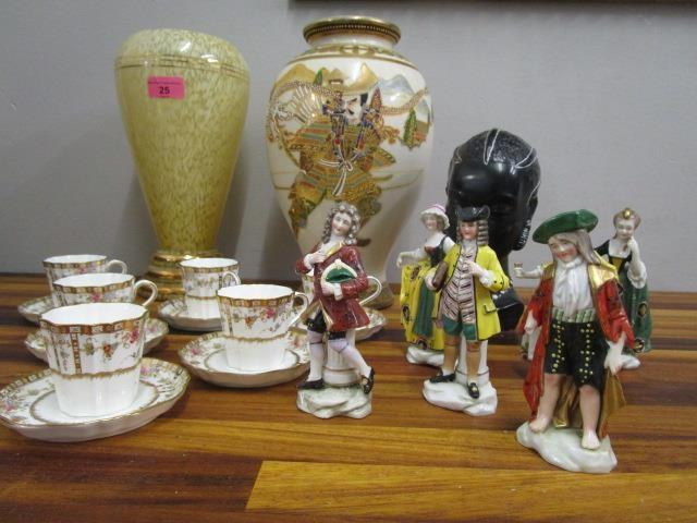 A mixed lot to include six French gold anchor figurines, a Wedgwood porcelain set of six coffee cups