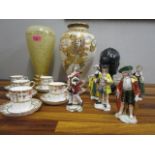 A mixed lot to include six French gold anchor figurines, a Wedgwood porcelain set of six coffee cups
