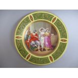 A late 19th century plate painted with an interior scene of a man and two women within a green,