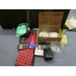 A selection of picnic and household items to include a wicker picnic basket with melamine plates,
