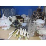 A Victorian teapot with six matching tea cups and saucers, vintage ceramic beer tankards, a Mdina