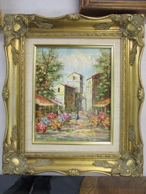 J Hammer - a 20th century French village flower market scene, oil on board, signed lower right - Image 3 of 4