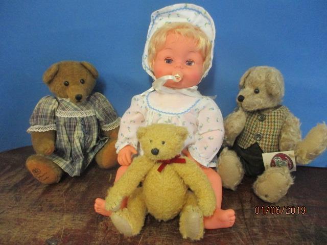 A 1970's Tiny Tears doll in good condition together with an Atlas Heritage collectors teddy bear and