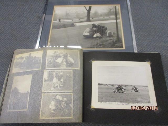 D Comley British Motor Cycle Racing club photograph album 1960s and a framed picture