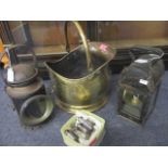 Two Victorian railway lanterns, a brass coal scuttle and a quantity of radio plus valves