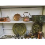 Victorian and later copper and brassware to include mixed horse brasses and a teapot, together