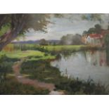 British School, 20th century - building by a pond and river, landscape with trees and fields,