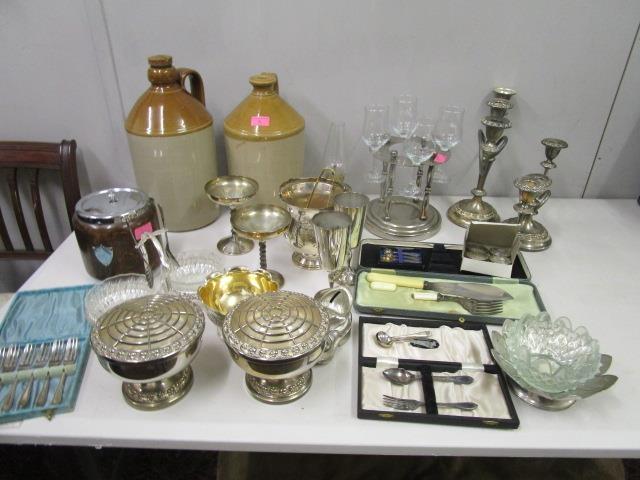 A quantity of mixed silver plate, a wooden biscuit barrel and two stoneware jars