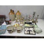 A quantity of mixed silver plate, a wooden biscuit barrel and two stoneware jars