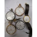 Three pocket watches, a silver cased, a continental silver cased and a gold plated cased examples
