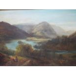 Late 19th century British School - a river scene with a man and a woman on a path with hills beyond,