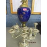 A brass and ceramic 1960s table together with a small amount of silver plate