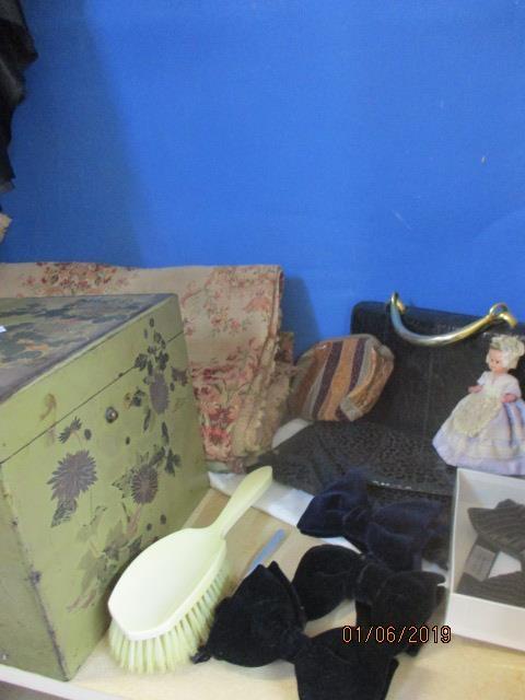 A small vintage lot comprising vintage material, bow ties and an oriental lacquered chest