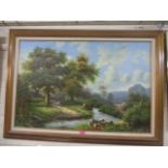 An oil on canvas depicting a rural scene with mountains to the background, unsigned, in a gilt frame